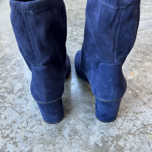 Stuart Weitzman Margot 75 Navy Blue Suede Ankle Sock Booties Block Heel 8.5 - Picture 10 of 11